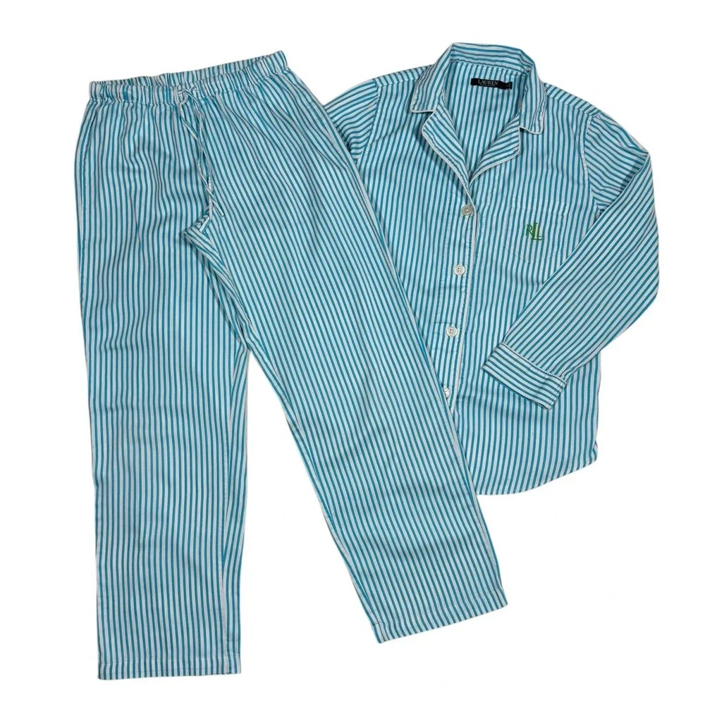 Lauren Ralph Lauren Women's Blue White Striped Cotton Pajama Set Size M RLL Logo